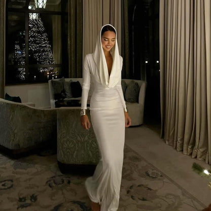 Hooded Long Sleeve Cutout Waist Rib Knit Maxi Dress