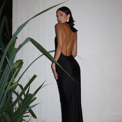 Halter Neck Open Back Draped Satin Maxi Dress