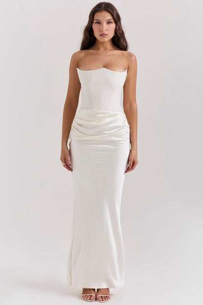 Strapless Pointed Sweetheart Corset Ruched Waist Column Maxi Gown