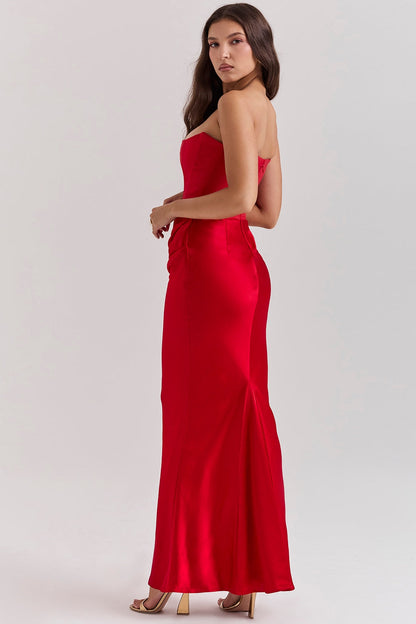Strapless Pointed Sweetheart Corset Ruched Waist Column Maxi Gown