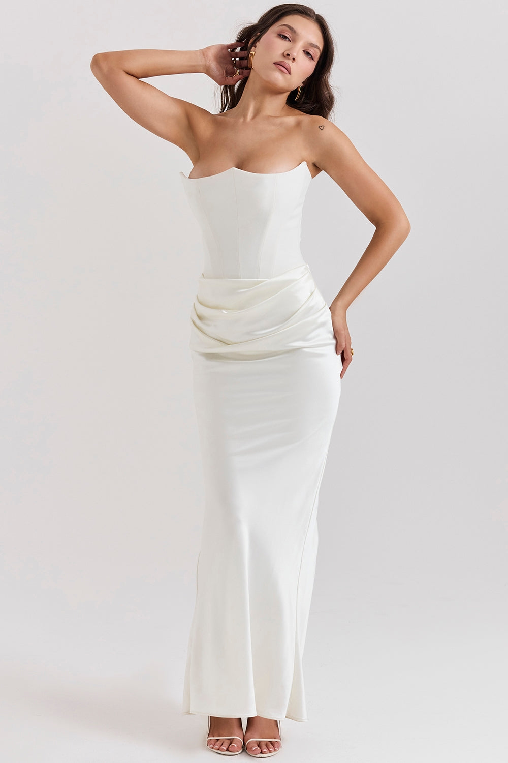 Strapless Pointed Sweetheart Corset Ruched Waist Column Maxi Gown