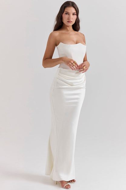 Strapless Pointed Sweetheart Corset Ruched Waist Column Maxi Gown