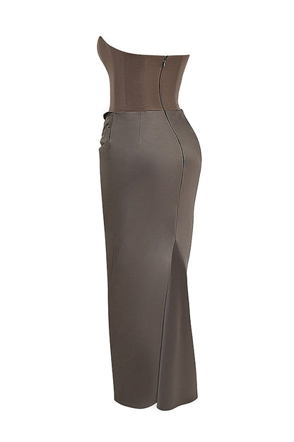 Strapless Pointed Sweetheart Corset Ruched Waist Column Maxi Gown