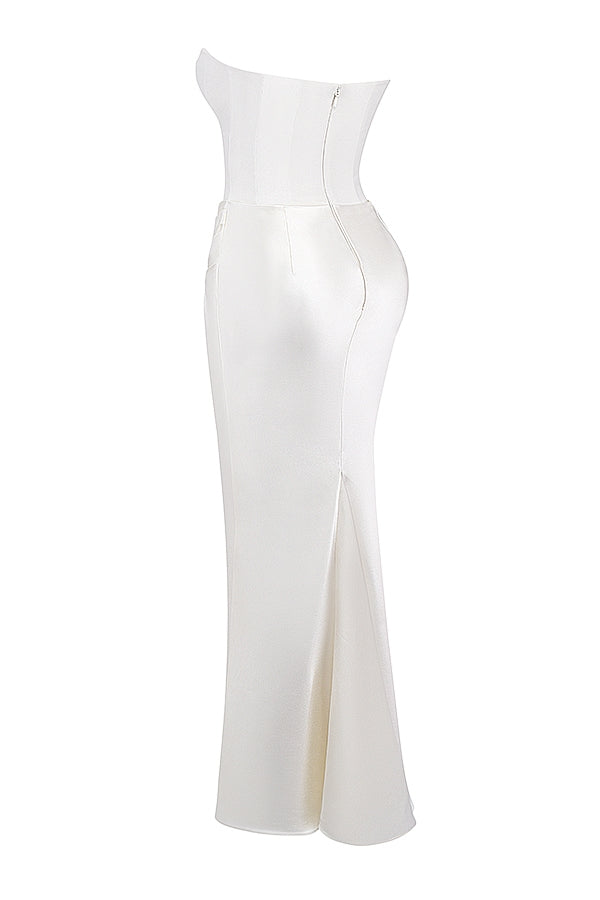 Strapless Pointed Sweetheart Corset Ruched Waist Column Maxi Gown