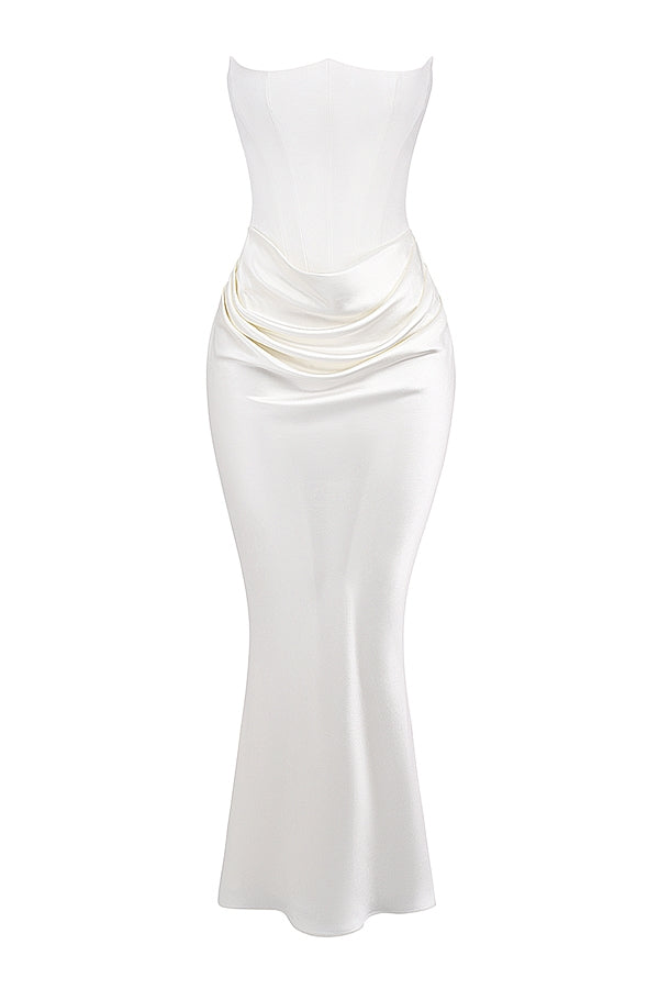 Strapless Pointed Sweetheart Corset Ruched Waist Column Maxi Gown