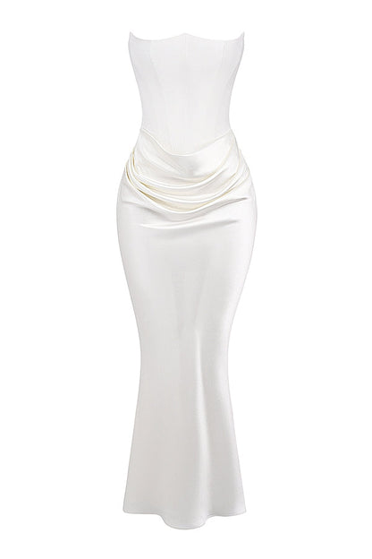 Strapless Pointed Sweetheart Corset Ruched Waist Column Maxi Gown