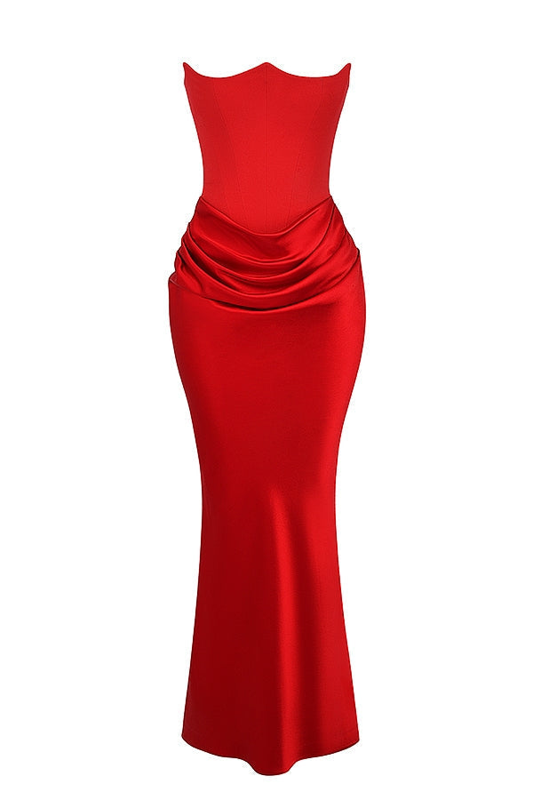 Strapless Pointed Sweetheart Corset Ruched Waist Column Maxi Gown