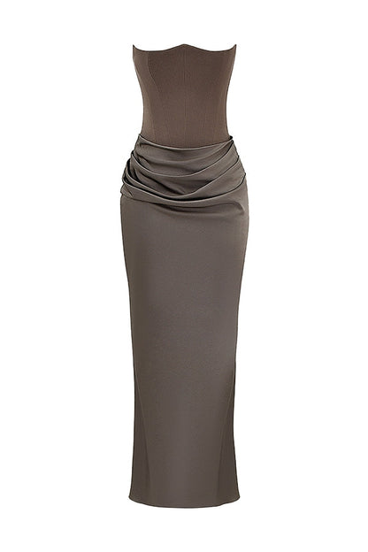 Strapless Pointed Sweetheart Corset Ruched Waist Column Maxi Gown