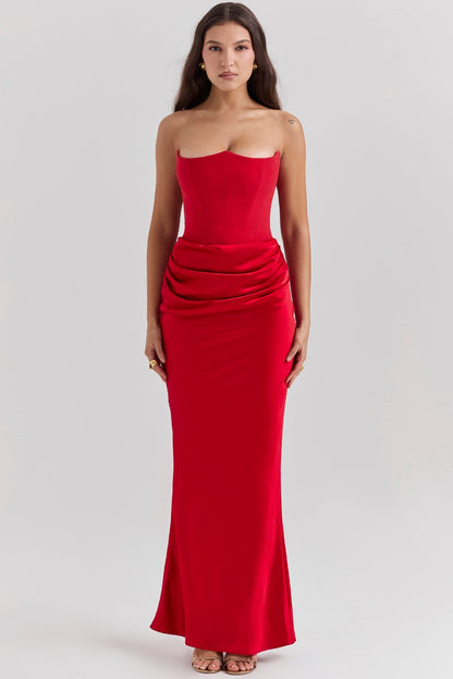 Strapless Pointed Sweetheart Corset Ruched Waist Column Maxi Gown