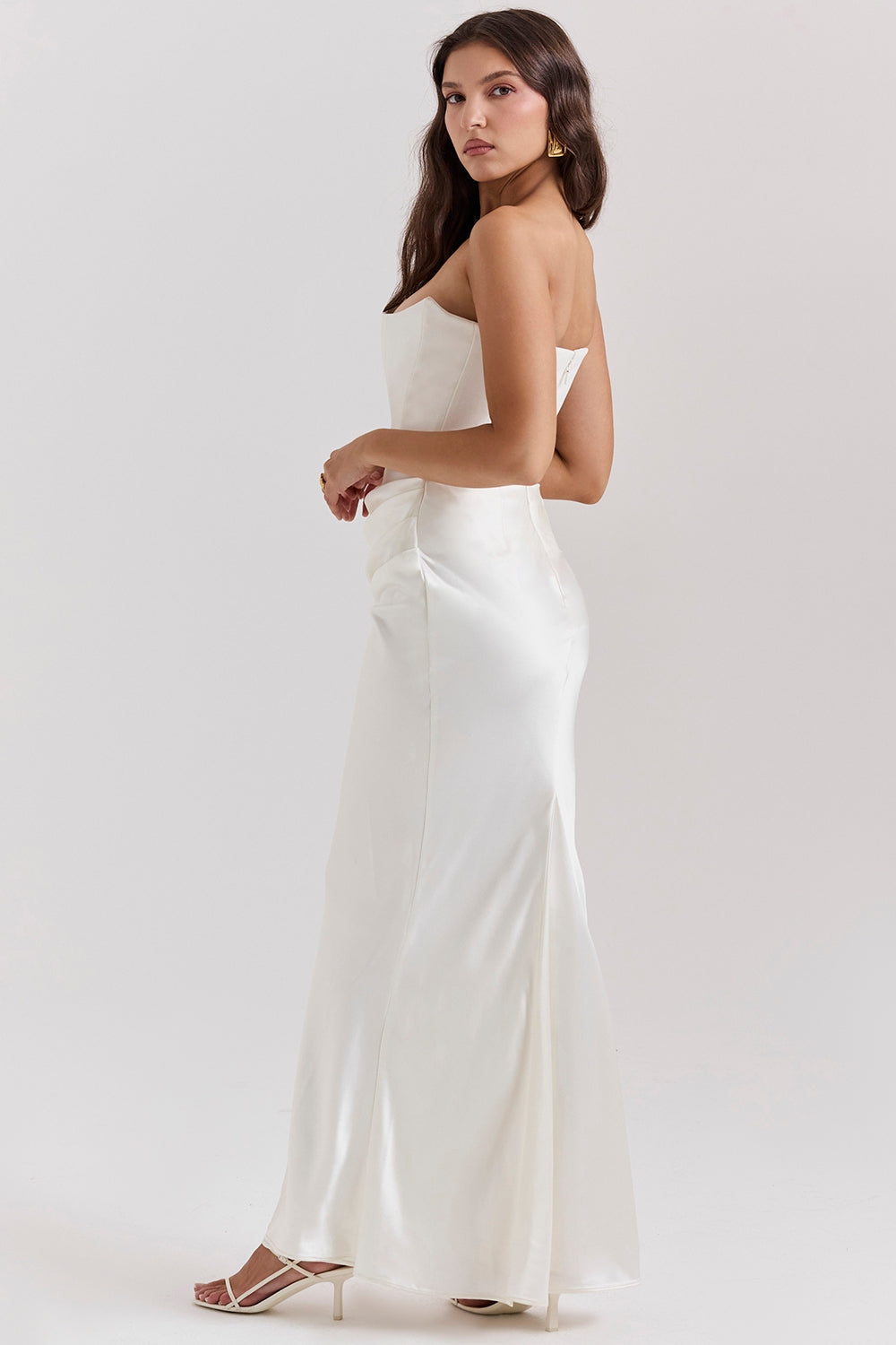 Strapless Pointed Sweetheart Corset Ruched Waist Column Maxi Gown