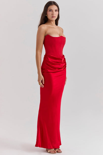 Strapless Pointed Sweetheart Corset Ruched Waist Column Maxi Gown
