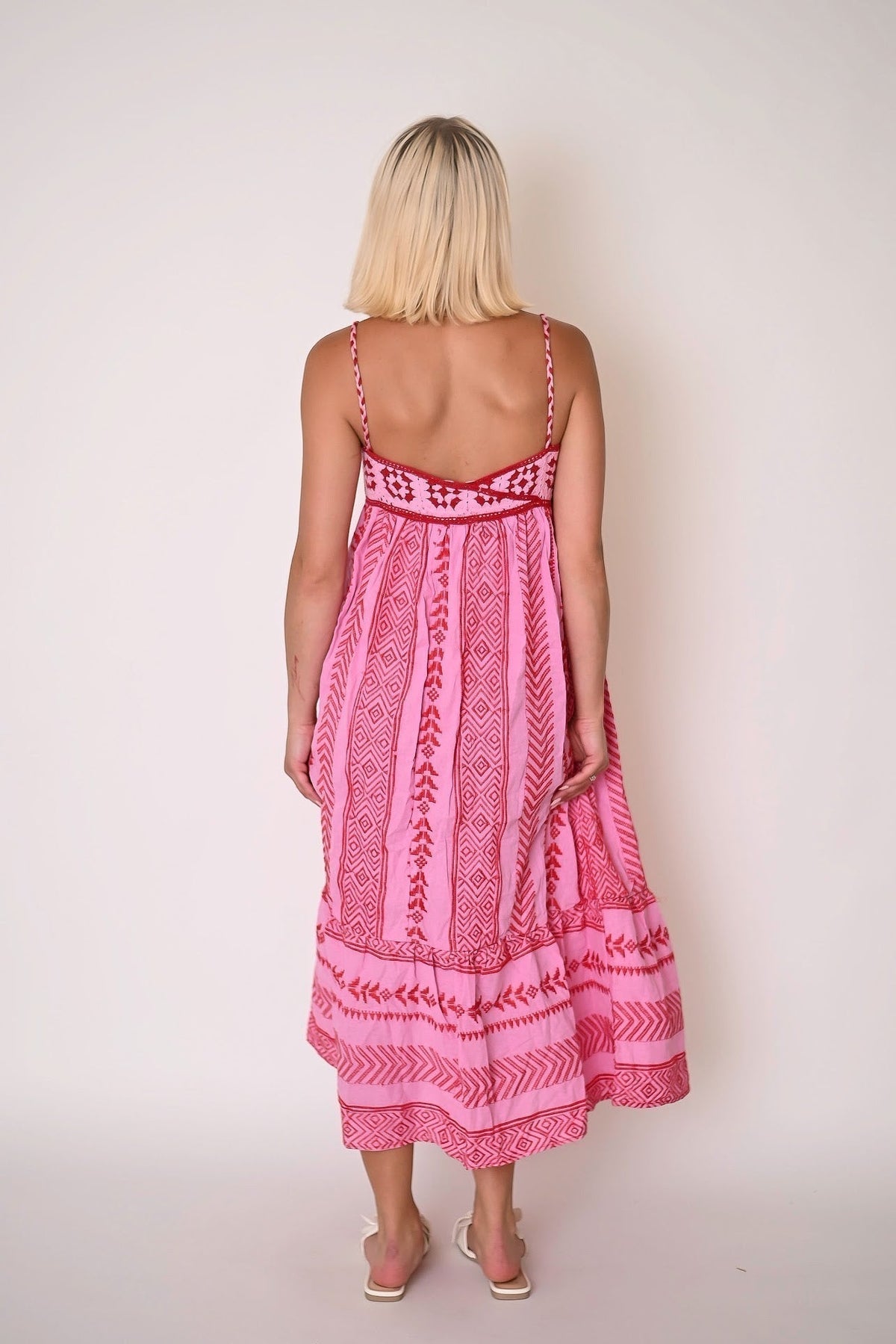 Sweetheart Lace Up Tassel Empire Waist Geometric Embroidered Tiered Midi Dress