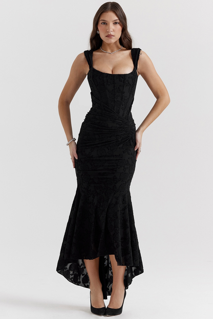 Floral Jacquard Corset Bodice Asymmetric Ruched Mermaid Midi Dress