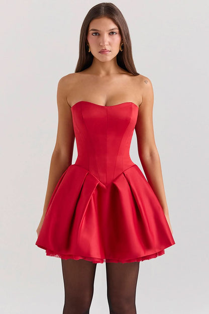 Strapless Corset Sweetheart Pleated Bow Back Tulle Mini Dress