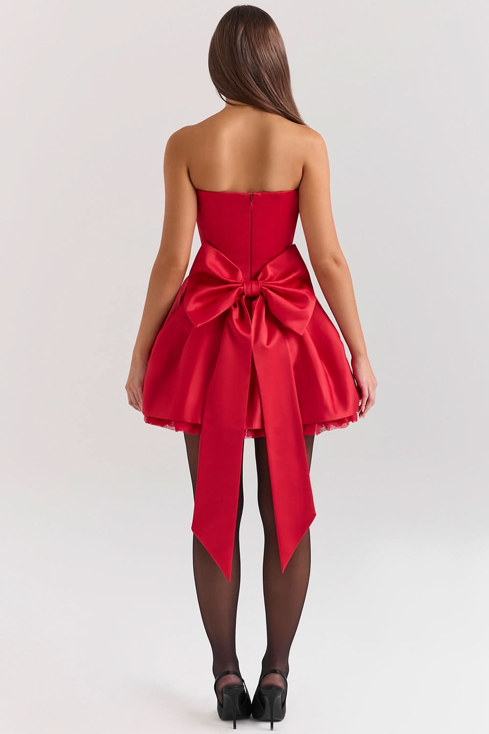 Strapless Corset Sweetheart Pleated Bow Back Tulle Mini Dress