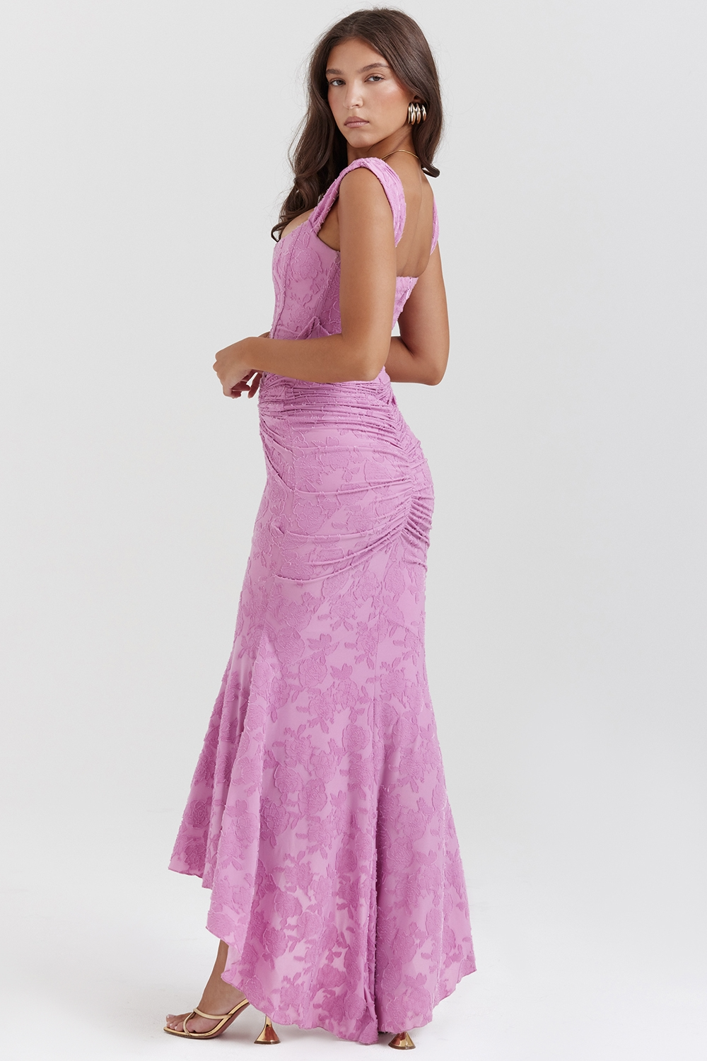 Floral Jacquard Corset Bodice Asymmetric Ruched Mermaid Midi Dress