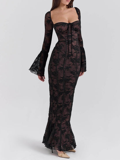 Square Neck Corset Underwire Lace Bell Sleeve Mermaid Maxi Dress