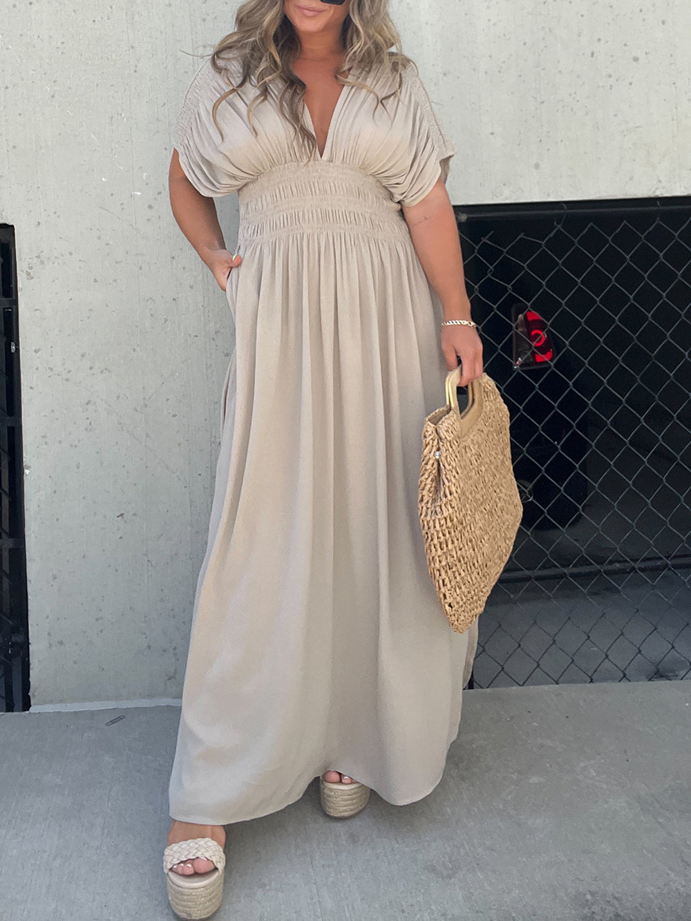 Deep V Smocked Waist Flutter Sleeve Wide Leg Jumpsuit