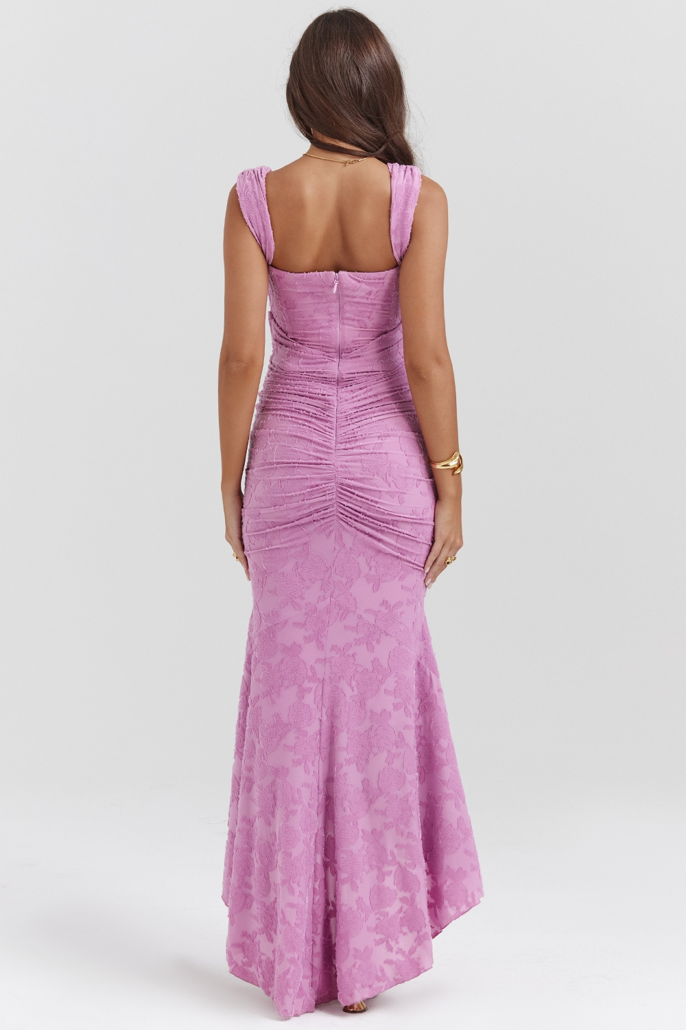 Floral Jacquard Corset Bodice Asymmetric Ruched Mermaid Midi Dress