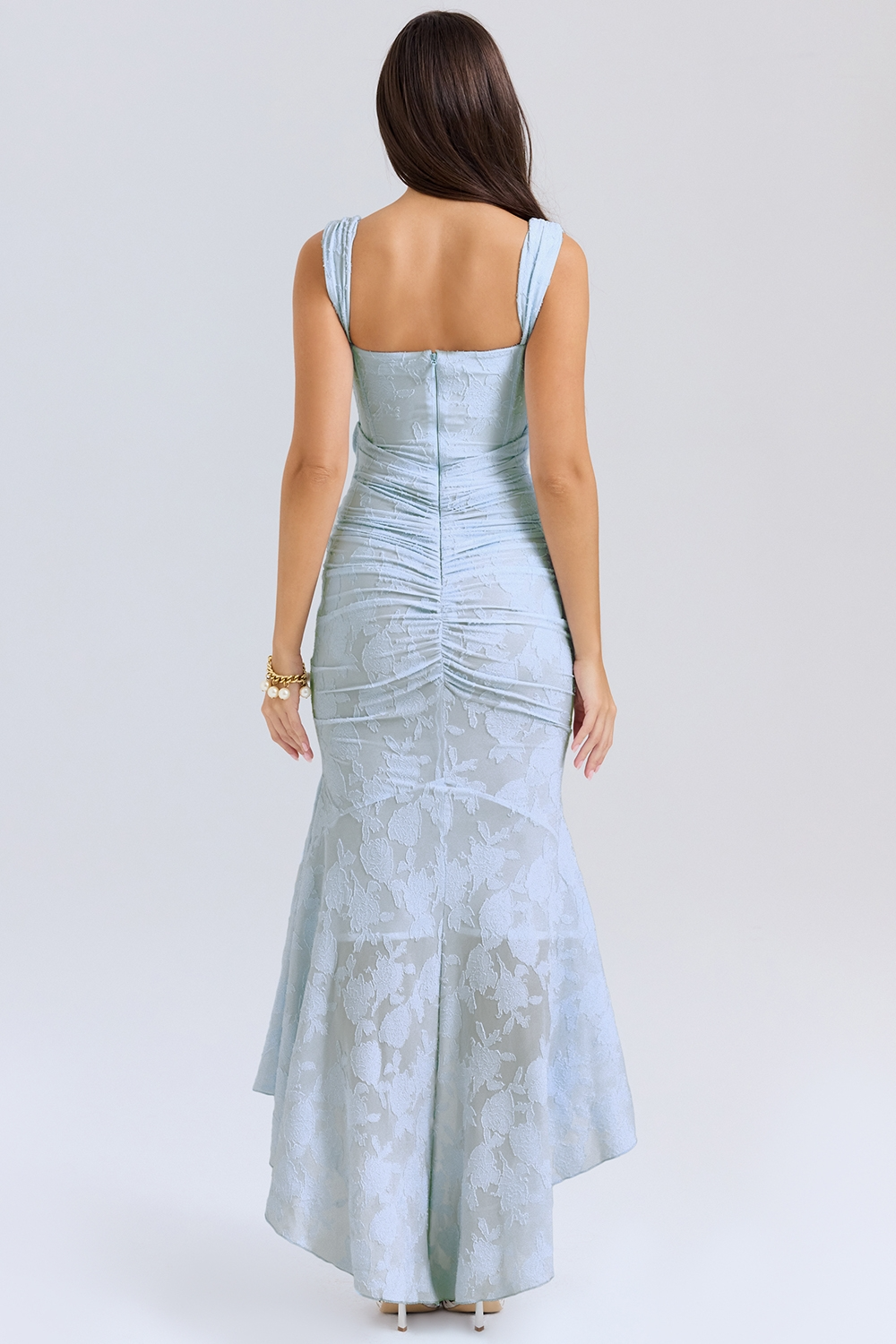 Floral Jacquard Corset Bodice Asymmetric Ruched Mermaid Midi Dress