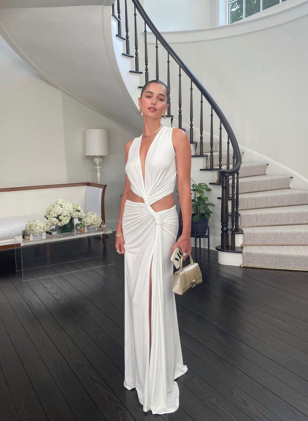 Halter Neck Deep V Twist Knot Side Cutout High Slit Maxi Dress