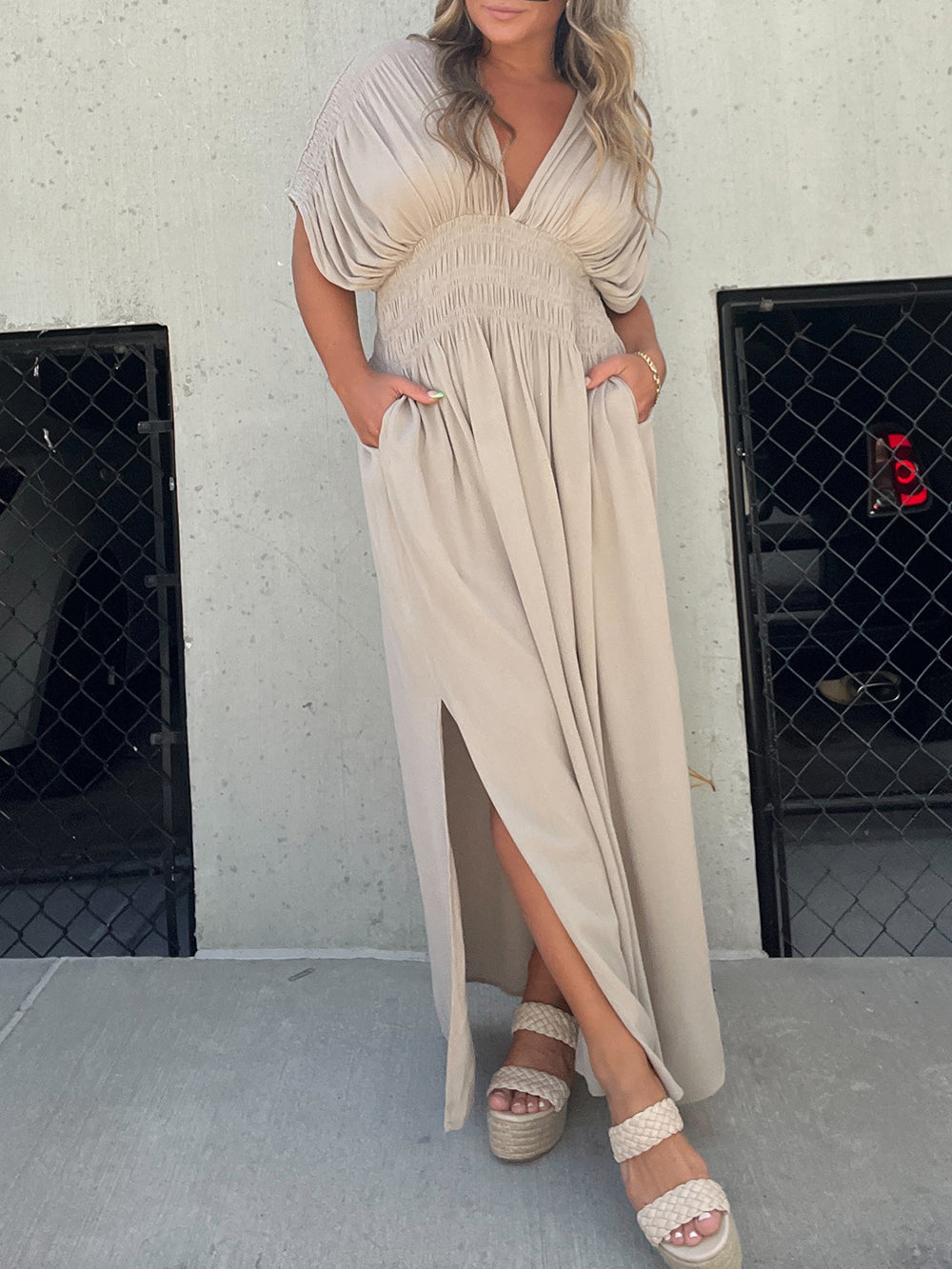 Deep V Smocked Waist Flutter Sleeve Wide Leg Jumpsuit