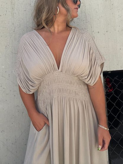Deep V Smocked Waist Flutter Sleeve Wide Leg Jumpsuit