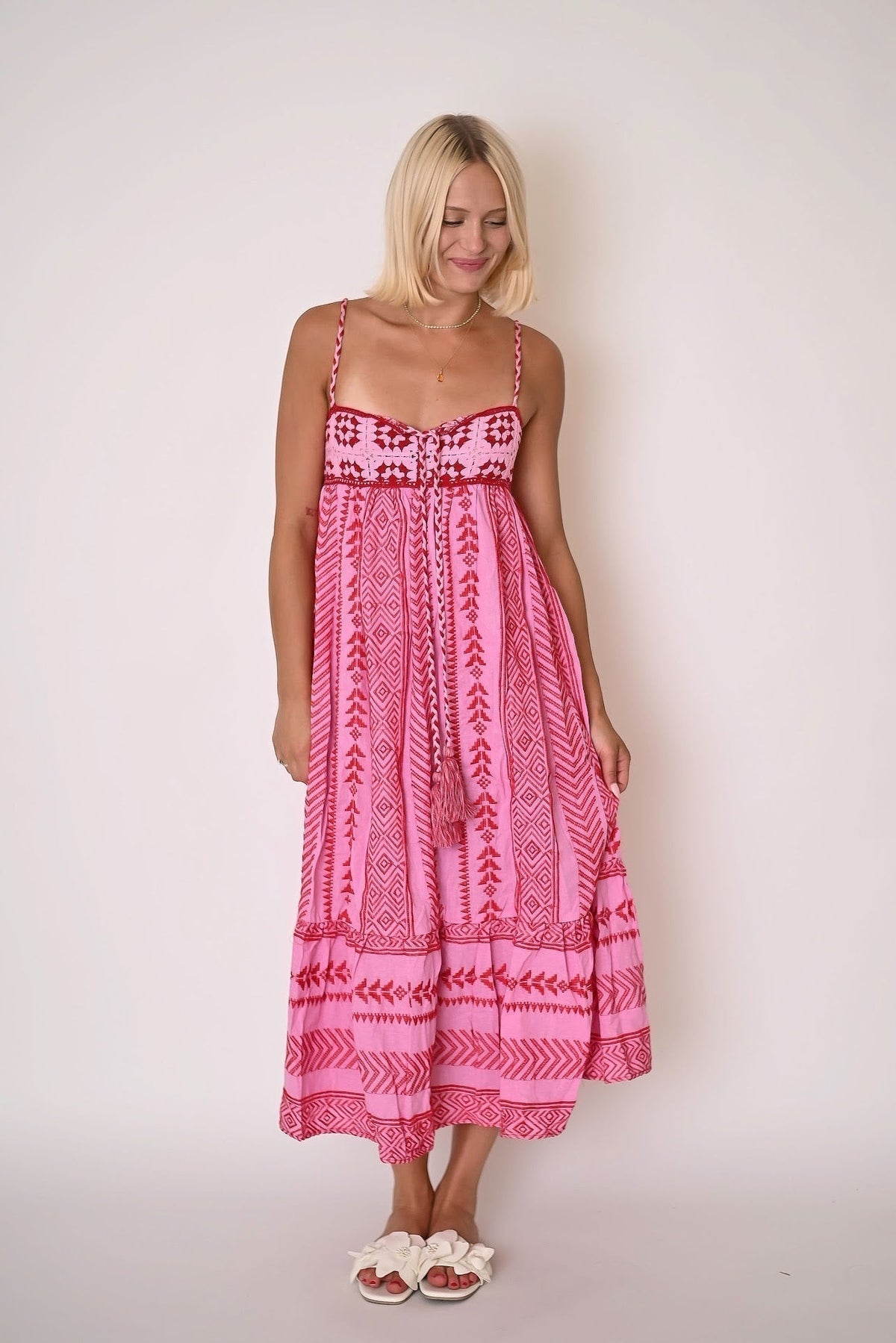 Sweetheart Lace Up Tassel Empire Waist Geometric Embroidered Tiered Midi Dress