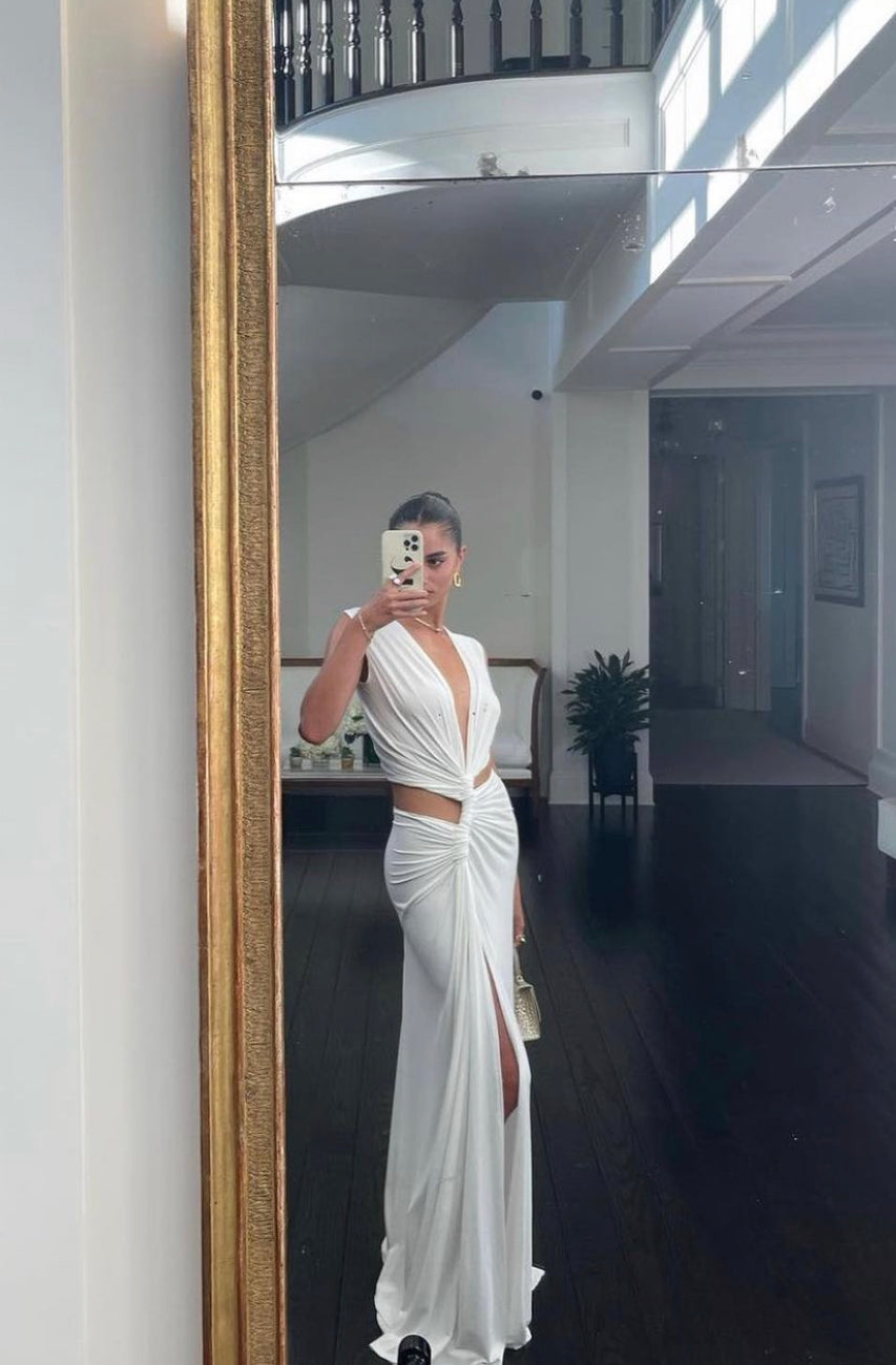 Halter Neck Deep V Twist Knot Side Cutout High Slit Maxi Dress