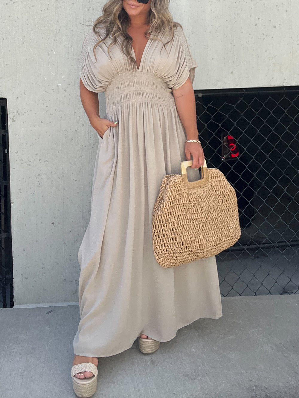 Deep V Smocked Waist Flutter Sleeve Wide Leg Jumpsuit