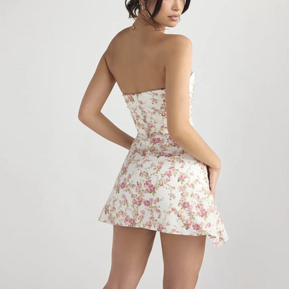 Strapless Floral Print Ruched Drape Satin Mini Dress