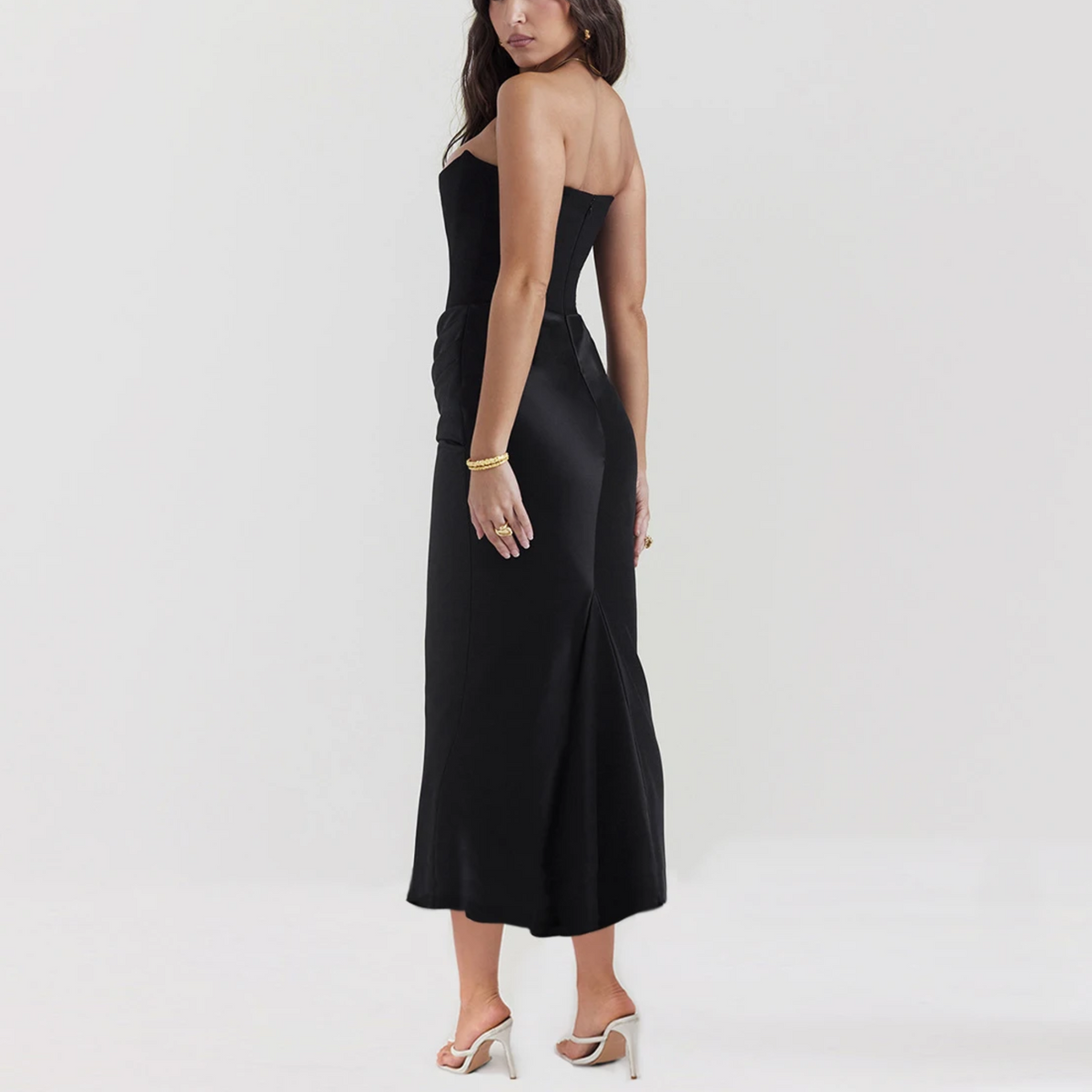 Strapless Corset Bodice Satin Draped Waist Column Maxi Dress