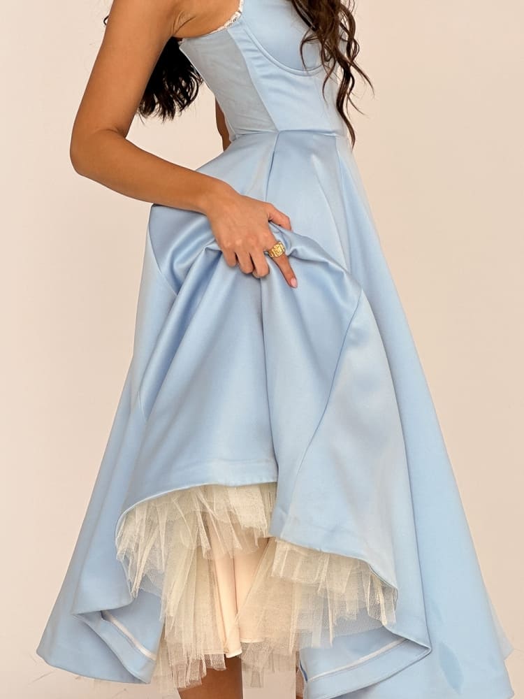 Sweetheart Lace Trim Bustier Spaghetti Strap Tulle Hem Midi Dress