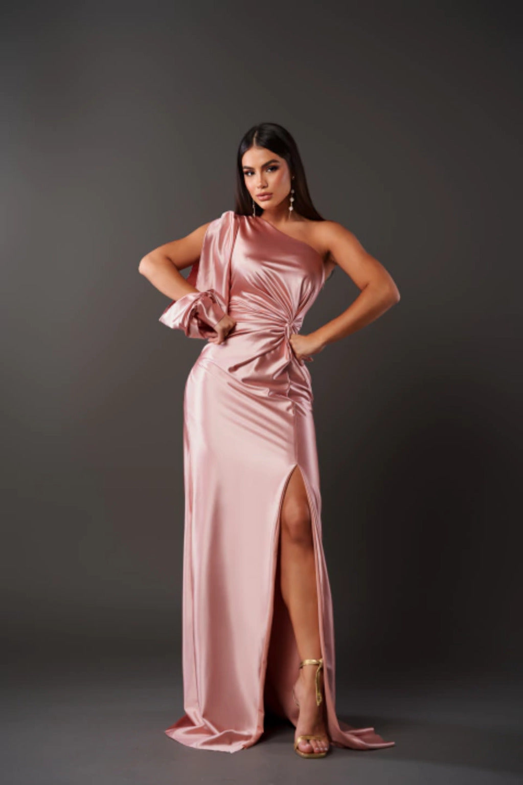 One Shoulder Draped Sleeve Ruched Waist High Slit Satin Maxi Dress