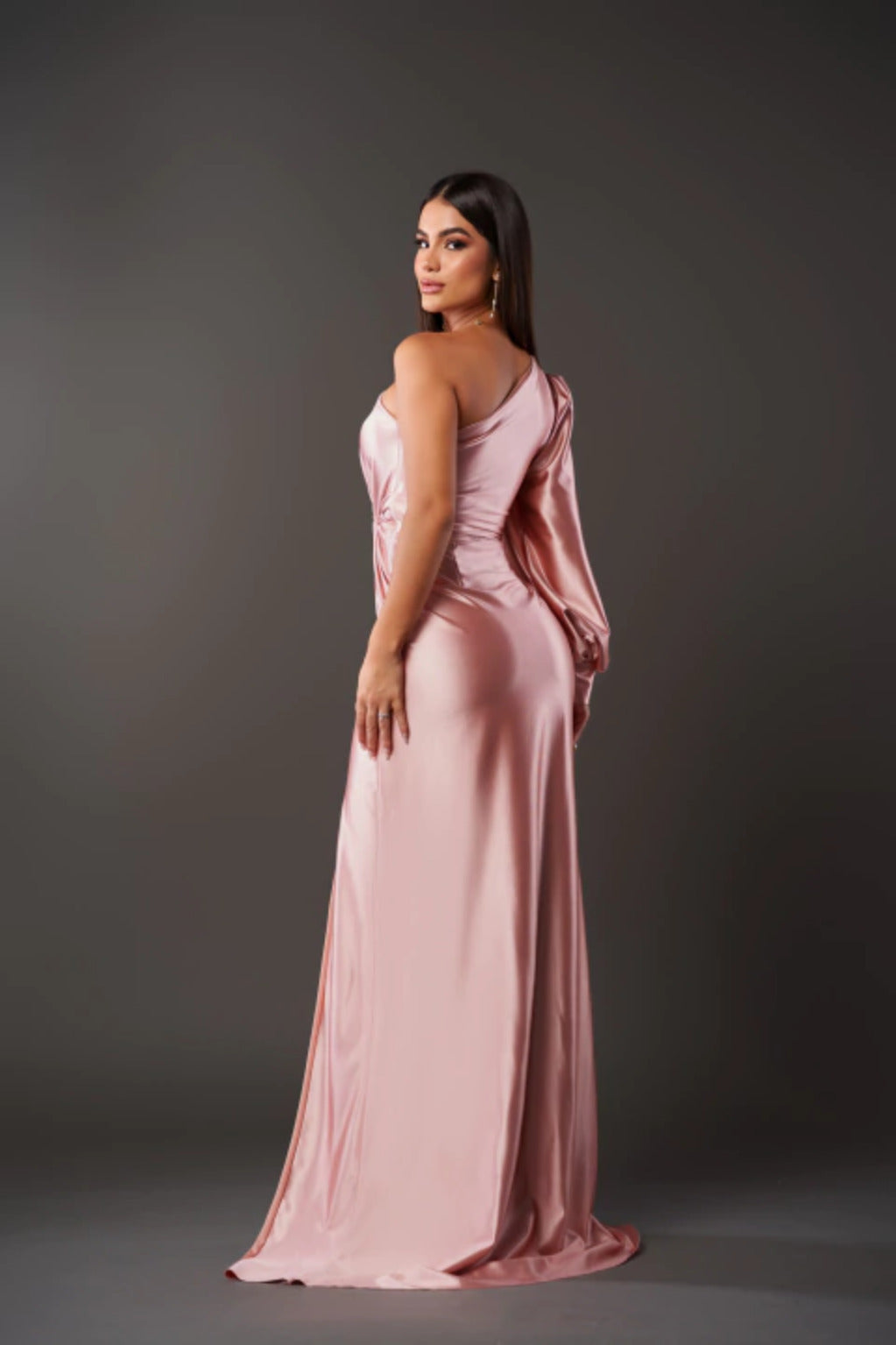 One Shoulder Draped Sleeve Ruched Waist High Slit Satin Maxi Dress