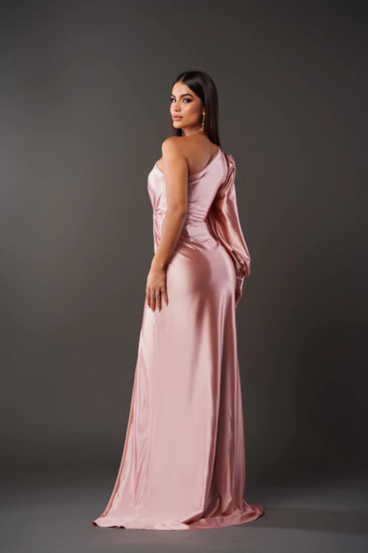 One Shoulder Draped Sleeve Ruched Waist High Slit Satin Maxi Dress