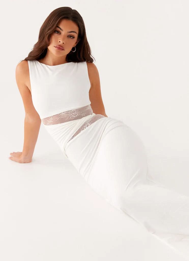 Boat Neck Lace Insert Waist Cutout Draped Twist Maxi Gown