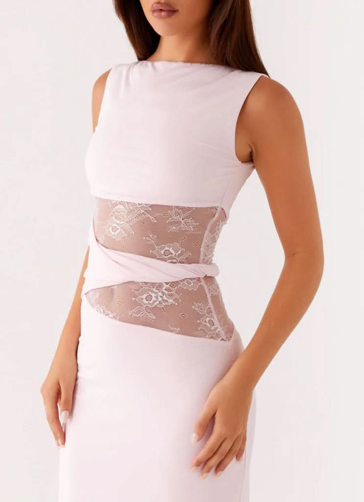 Boat Neck Lace Insert Waist Cutout Draped Twist Maxi Gown