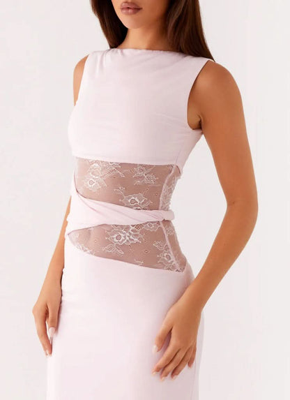 Boat Neck Lace Insert Waist Cutout Draped Twist Maxi Gown