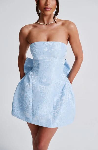 Floral Jacquard Strapless Structured Bow Back Fit and Flare Mini Dress