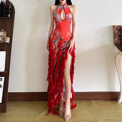 Halter Stand Collar Keyhole Floral Print Ruffle Tier Maxi Dress