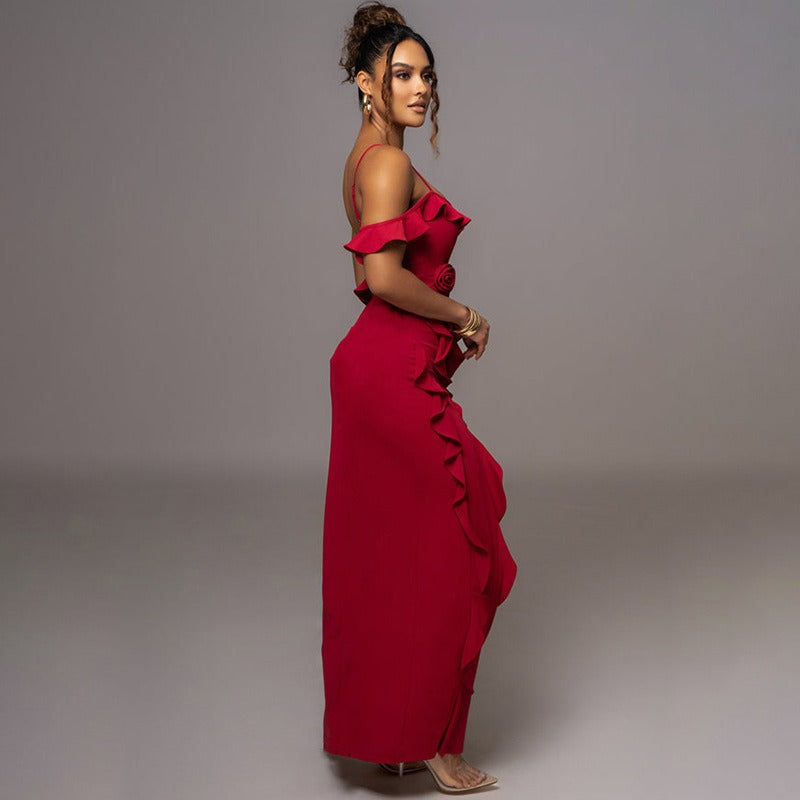 Spaghetti Strap Ruffle Trim Cold Shoulder Waist Rosette Front Slit Maxi Gown