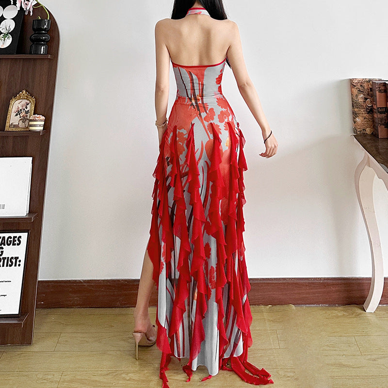 Halter Stand Collar Keyhole Floral Print Ruffle Tier Maxi Dress
