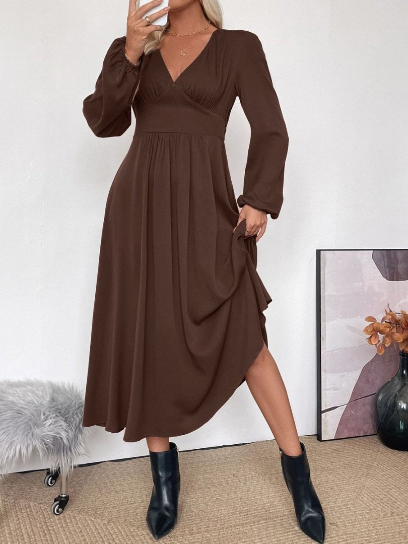 Deep V Neck Ruched Bust Lantern Sleeve A-Line Midi Dress