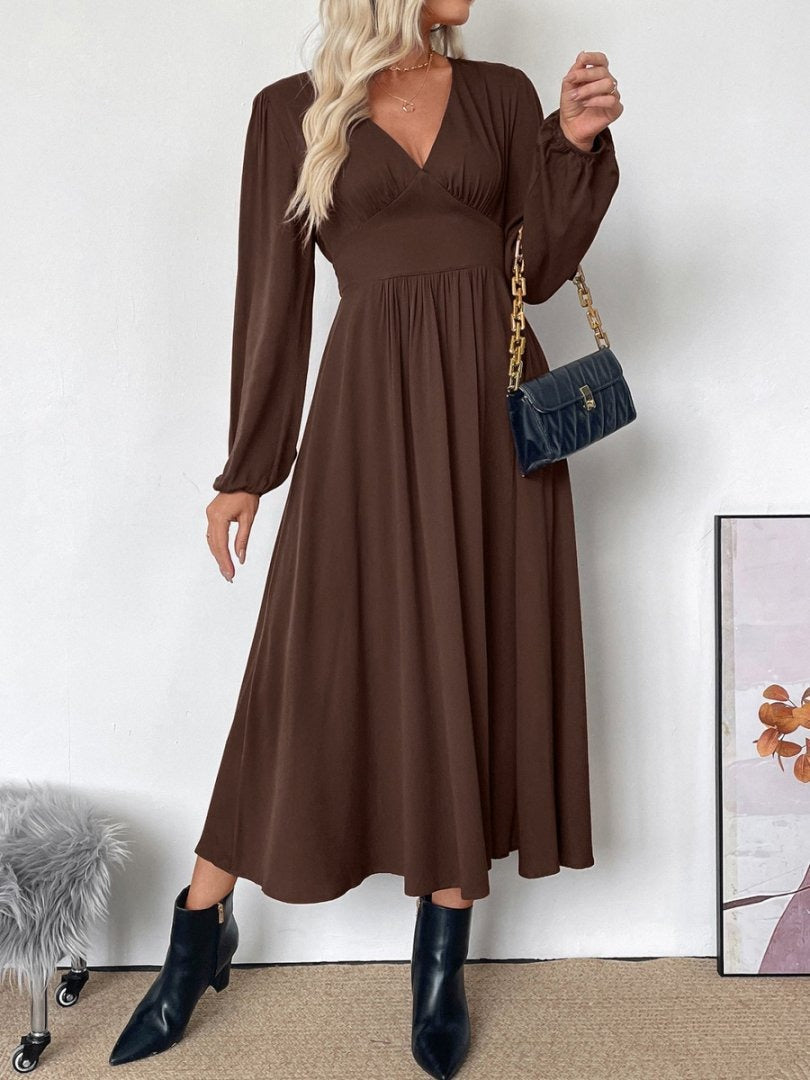 Deep V Neck Ruched Bust Lantern Sleeve A-Line Midi Dress