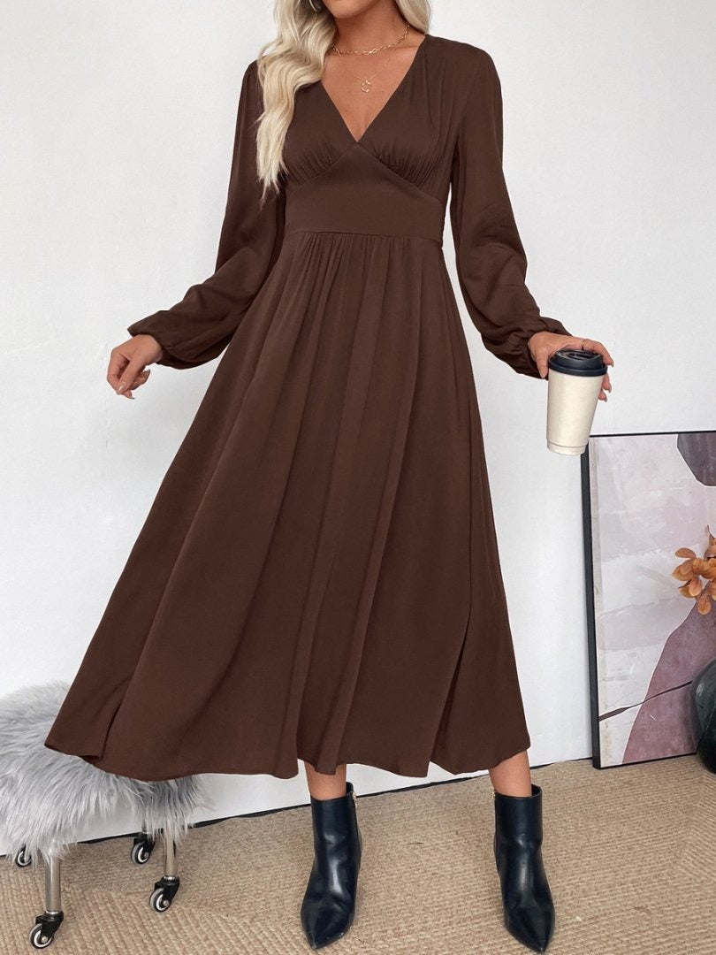 Deep V Neck Ruched Bust Lantern Sleeve A-Line Midi Dress