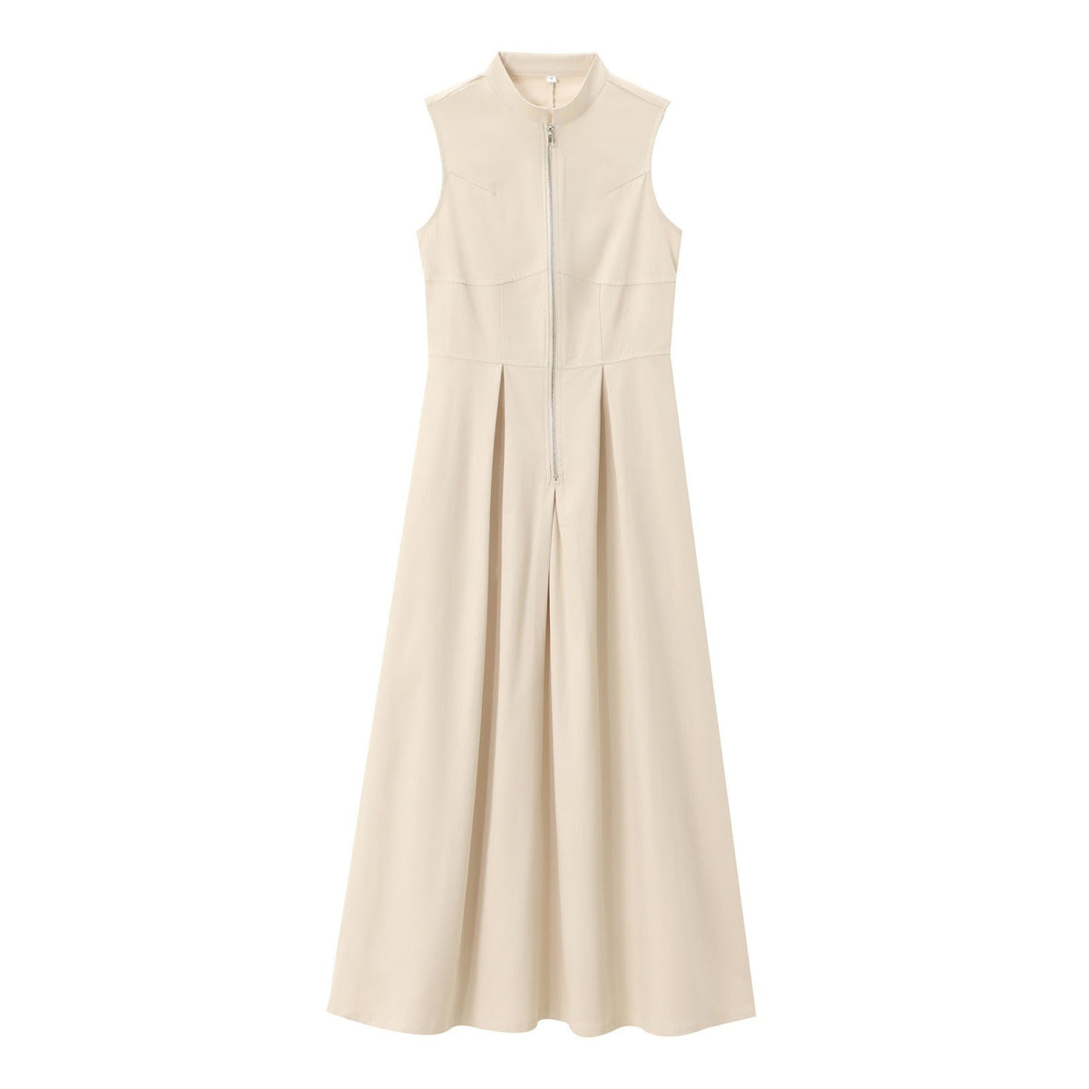 Mock Neck Zip Front Box Pleat A-Line Midi Dress