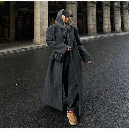 Kassidee Striped Lapel Long Coat