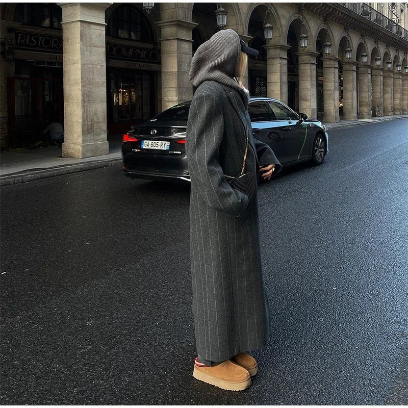 Kassidee Striped Lapel Long Coat