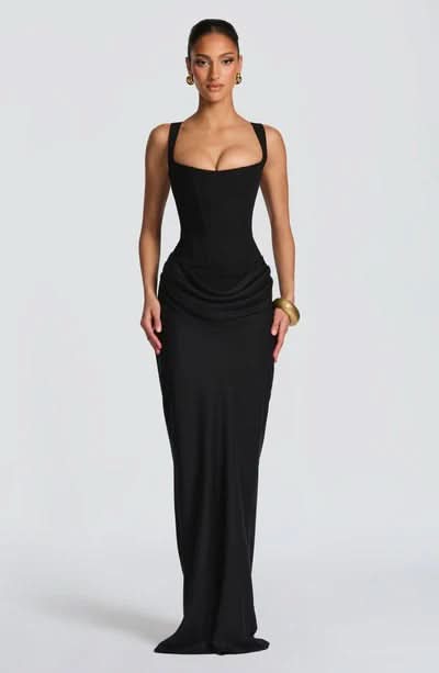 Corset Bodice Draped Hip Wide Strap Floor Length Maxi Dress